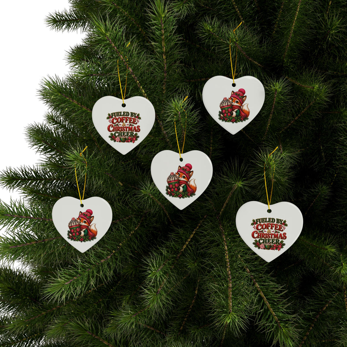 Heart Ceramic Ornament — Cute Fox & “Fueled by Coffee & Christmas Cheer” Holiday Decoration