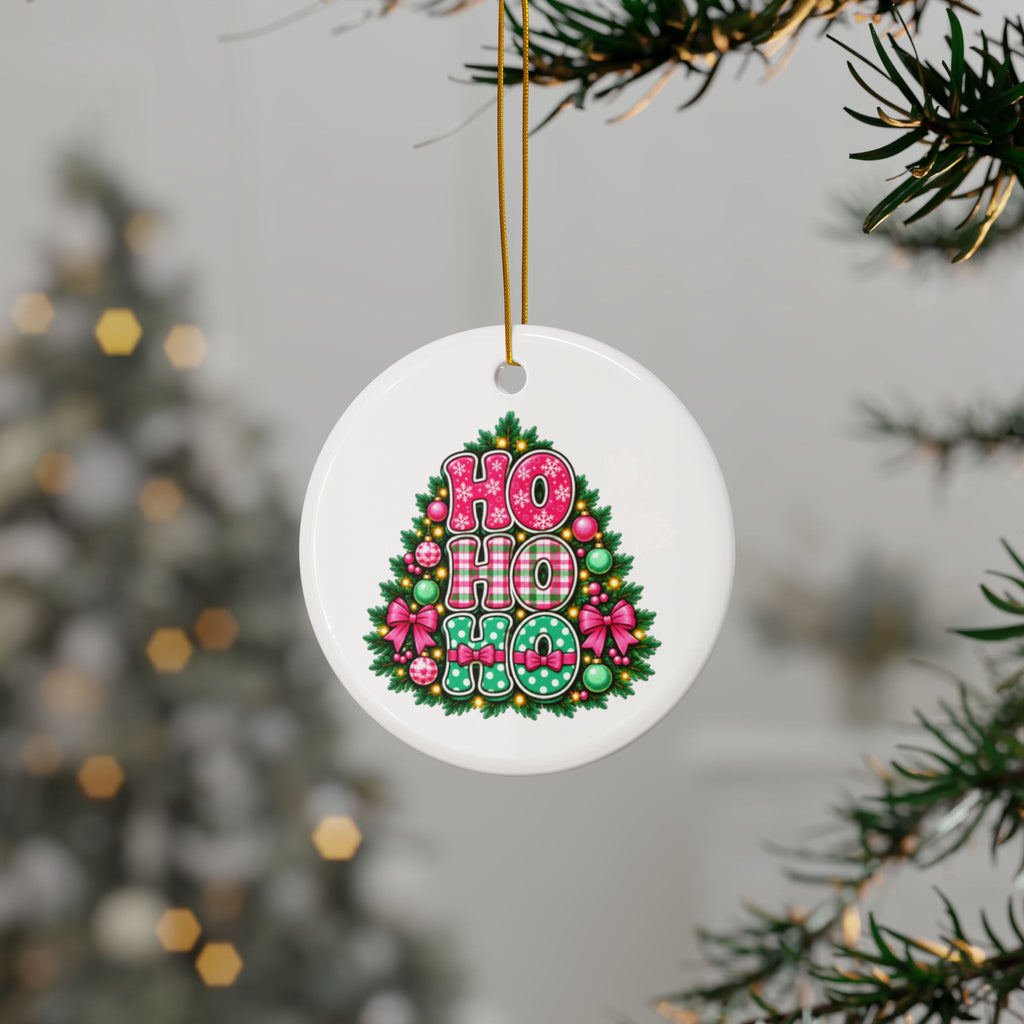 Pink Ho Ho Ho Ceramic Christmas Ornament – Double-Sided Holiday Gift