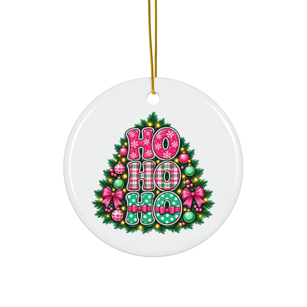 Pink Ho Ho Ho Ceramic Christmas Ornament – Double-Sided Holiday Gift