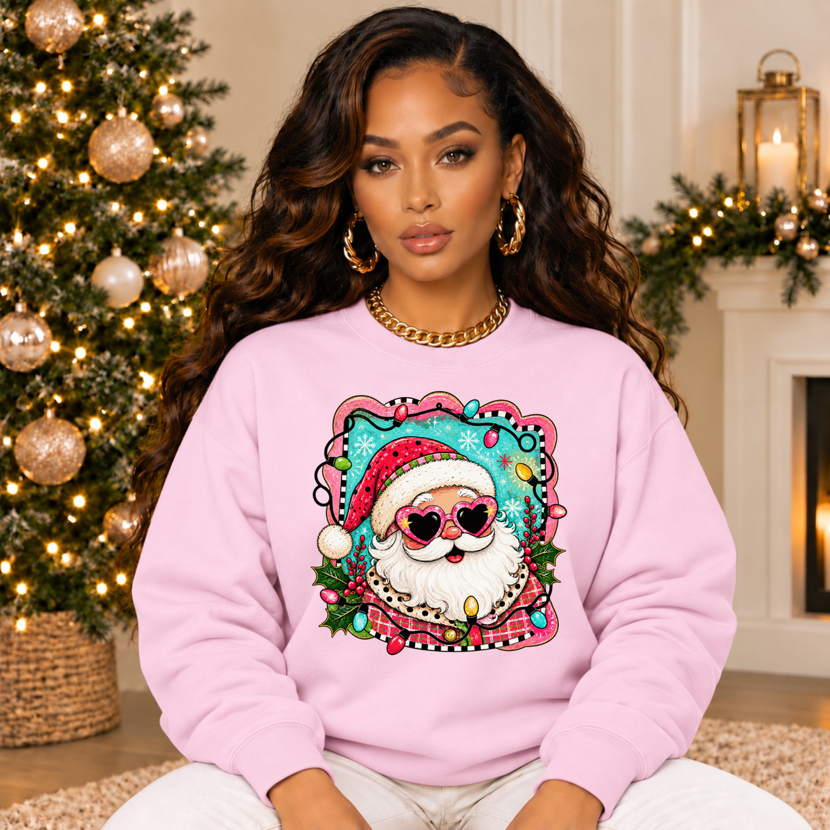 Retro Santa Christmas Sweatshirt – Heart Sunglasses Holiday Crewneck