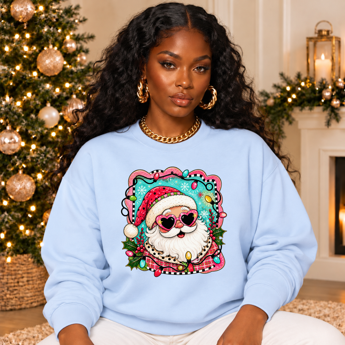 Retro Santa Christmas Sweatshirt – Heart Sunglasses Holiday Crewneck