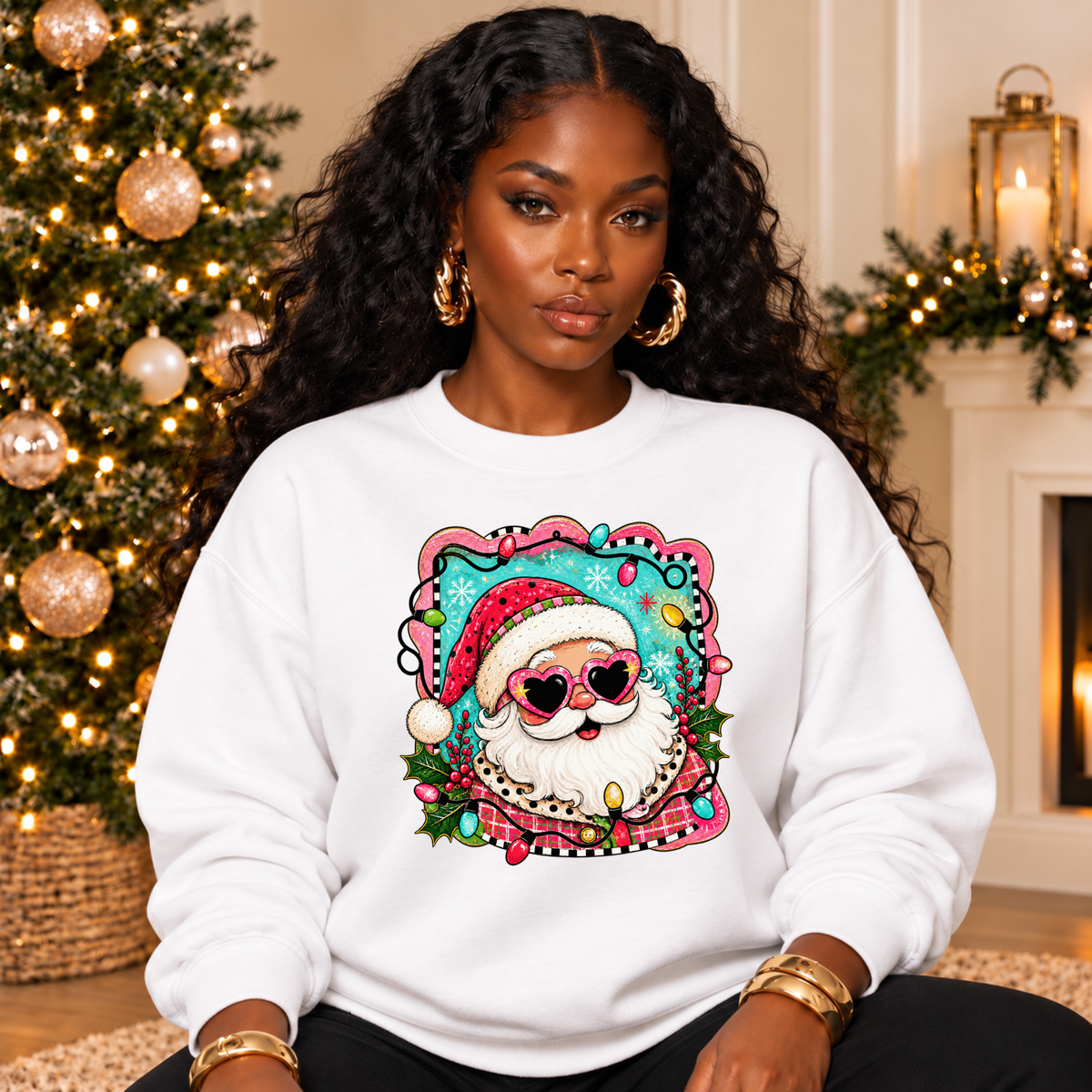 Retro Santa Christmas Sweatshirt – Heart Sunglasses Holiday Crewneck