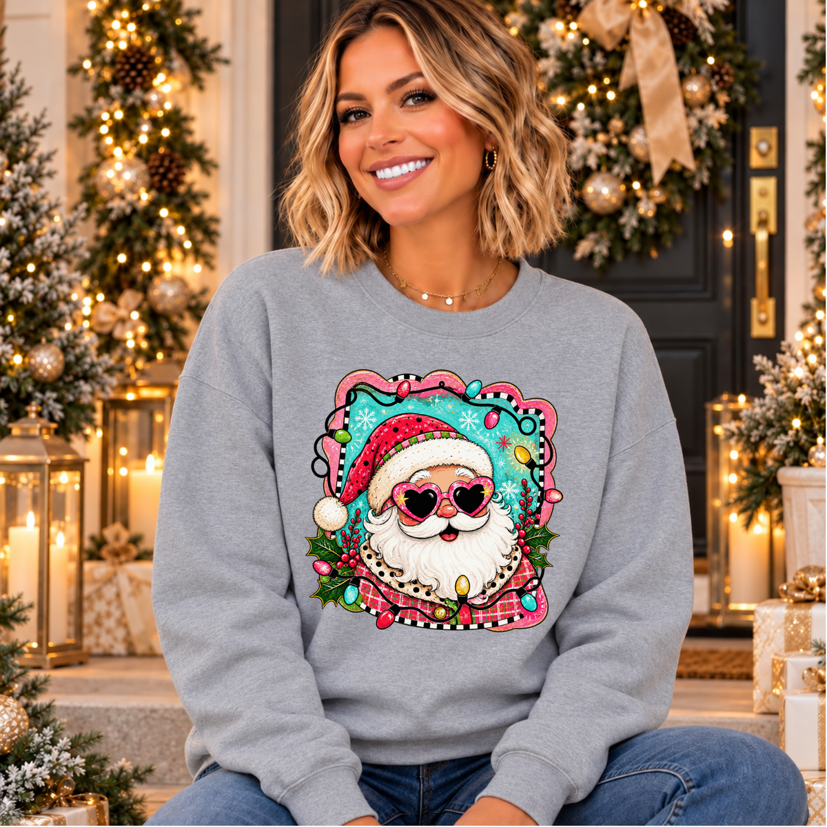 Retro Santa Christmas Sweatshirt – Heart Sunglasses Holiday Crewneck
