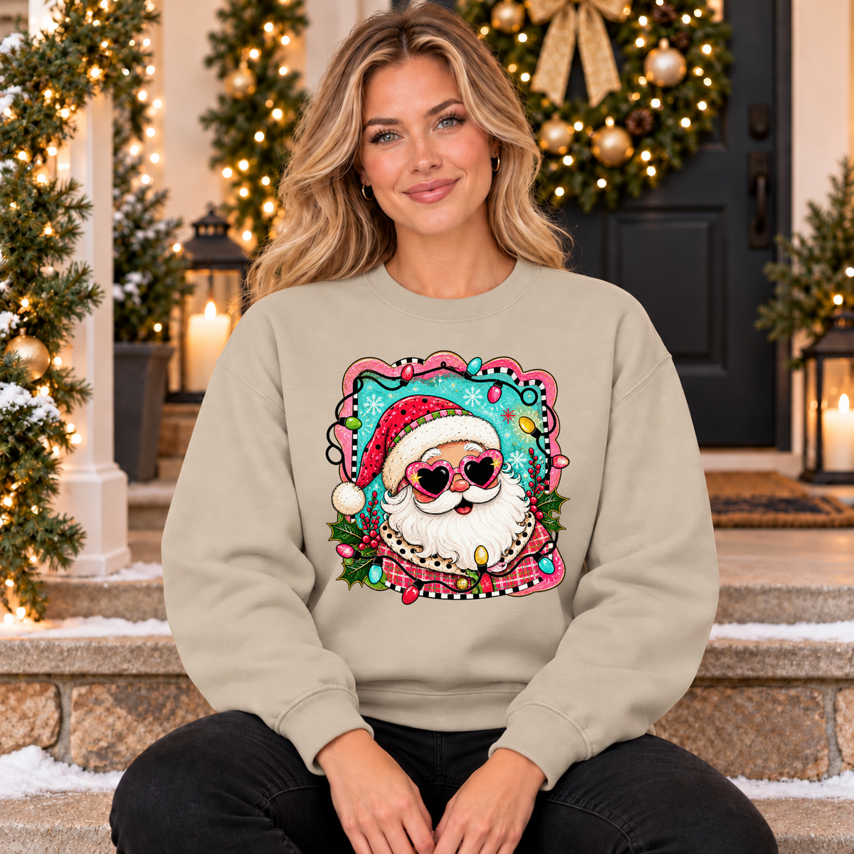 Retro Santa Christmas Sweatshirt – Heart Sunglasses Holiday Crewneck