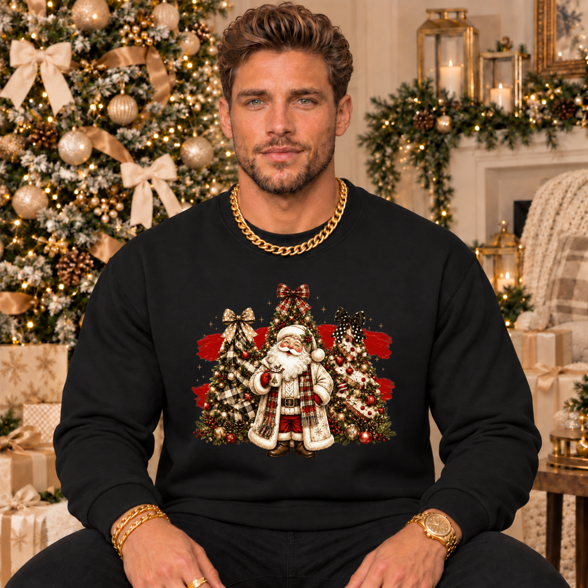 Vintage Santa Christmas Sweatshirt – Plaid Tree Holiday Crewneck