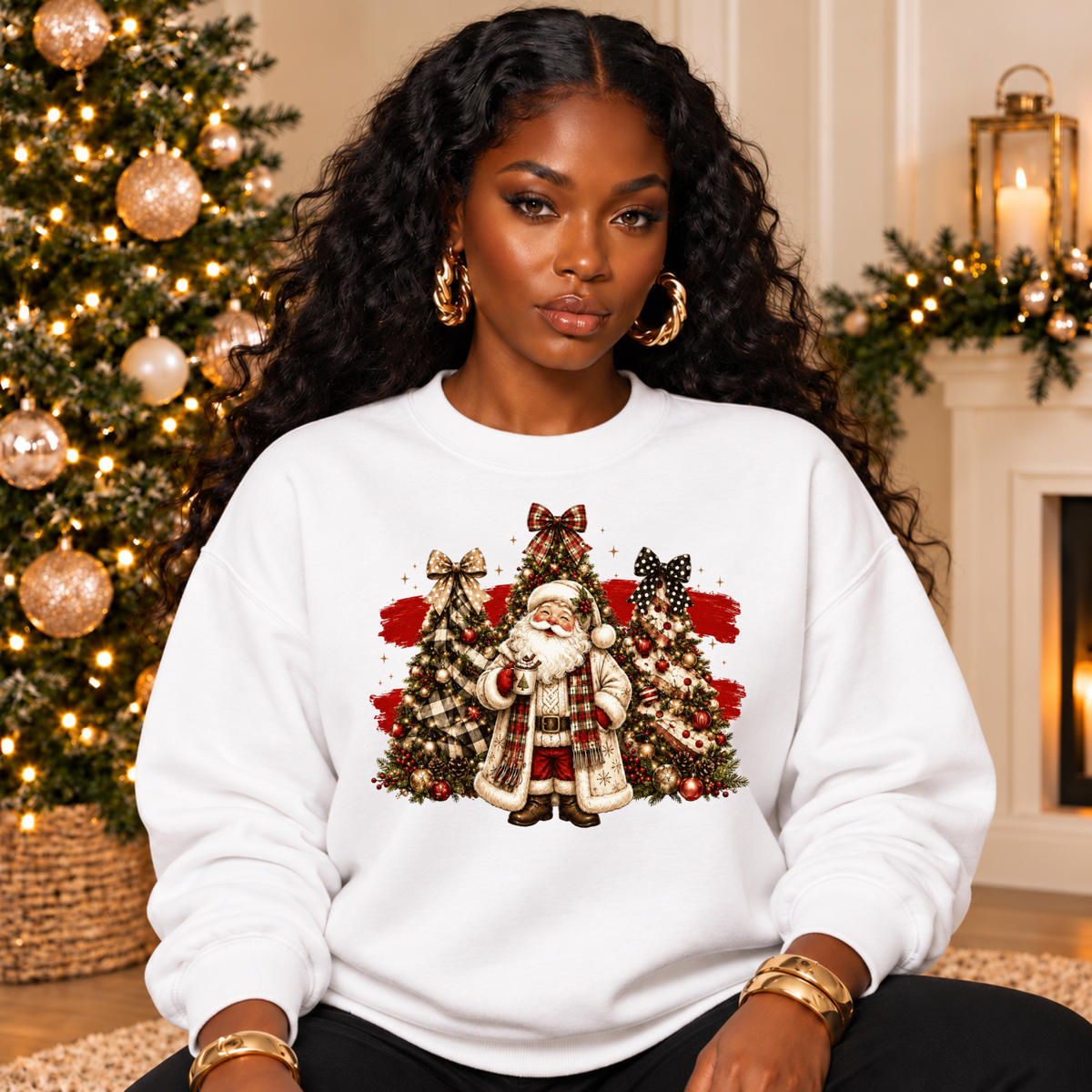 Vintage Santa Christmas Sweatshirt – Plaid Tree Holiday Crewneck