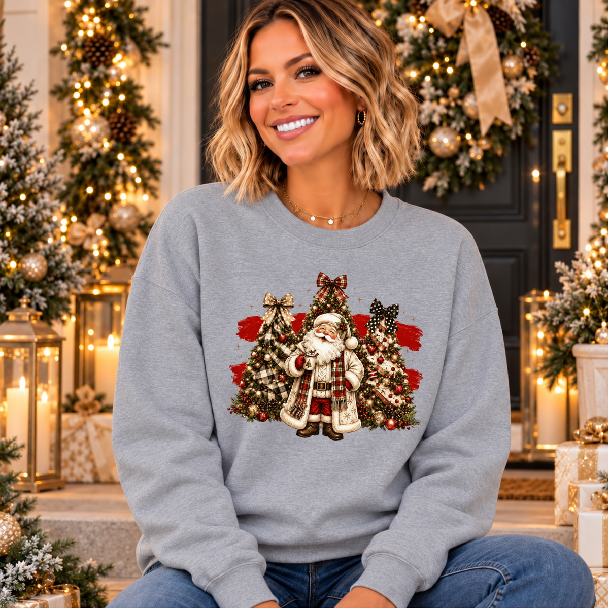 Vintage Santa Christmas Sweatshirt – Plaid Tree Holiday Crewneck