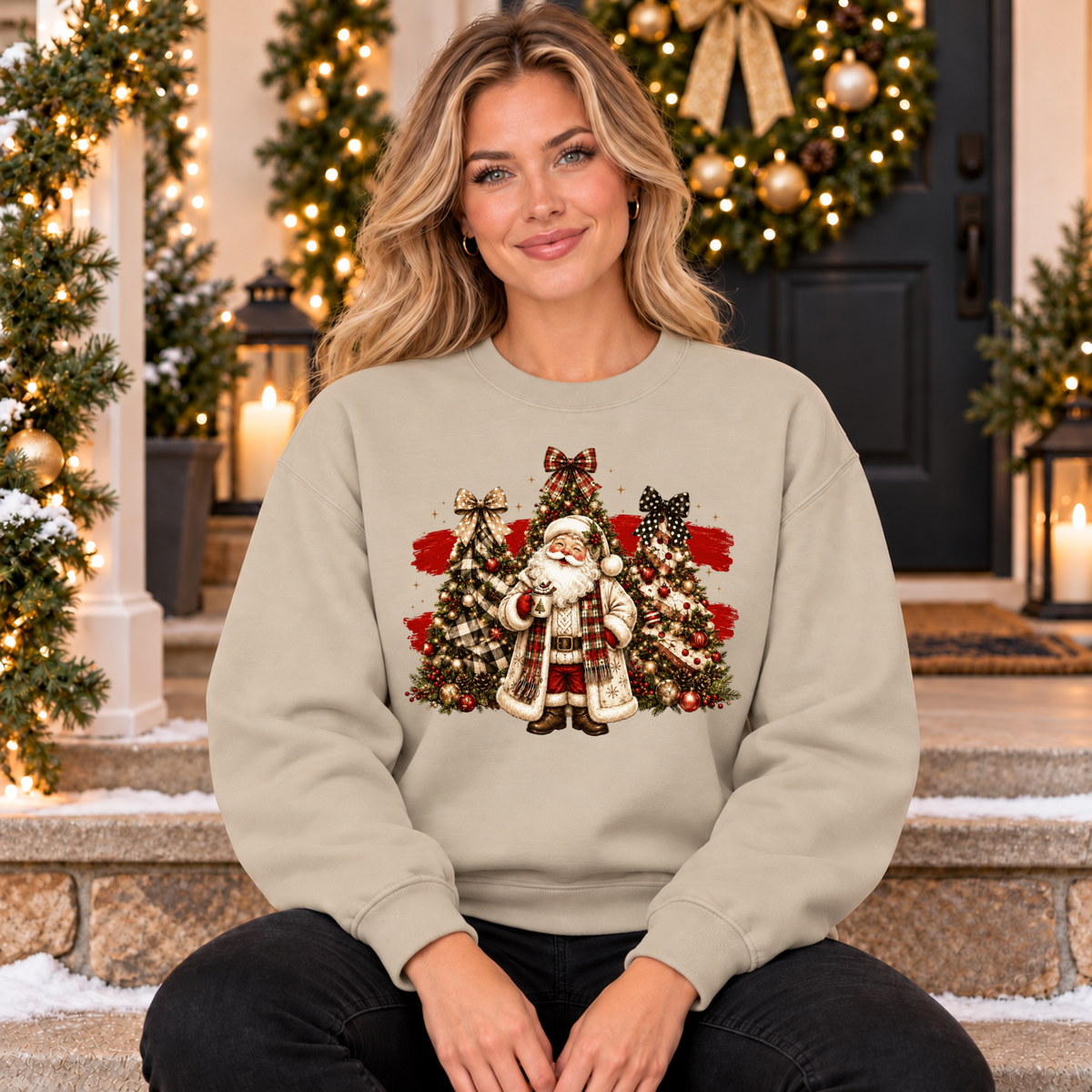 Vintage Santa Christmas Sweatshirt – Plaid Tree Holiday Crewneck