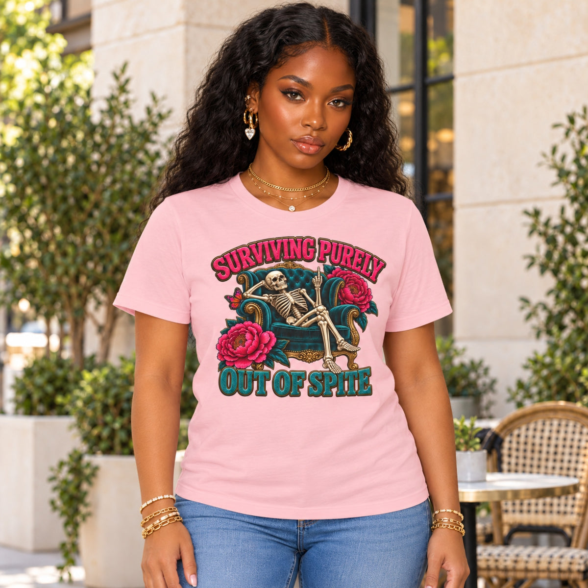 Surviving Purely Out of Spite Skeleton Rose Graphic T-Shirt
