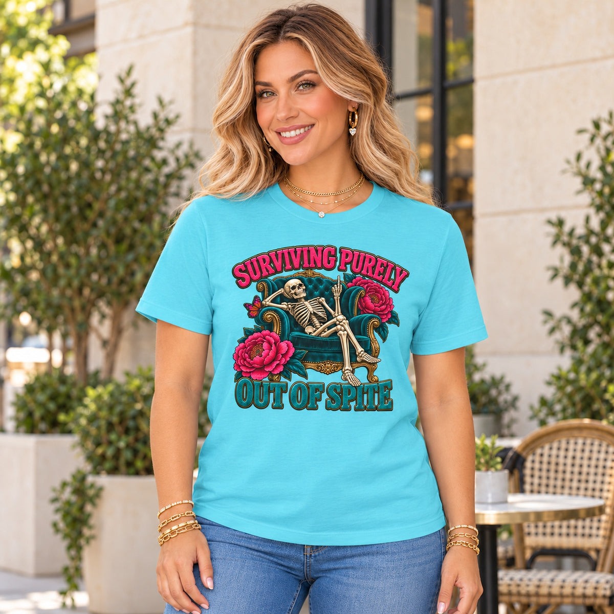 Surviving Purely Out of Spite Skeleton Rose Graphic T-Shirt