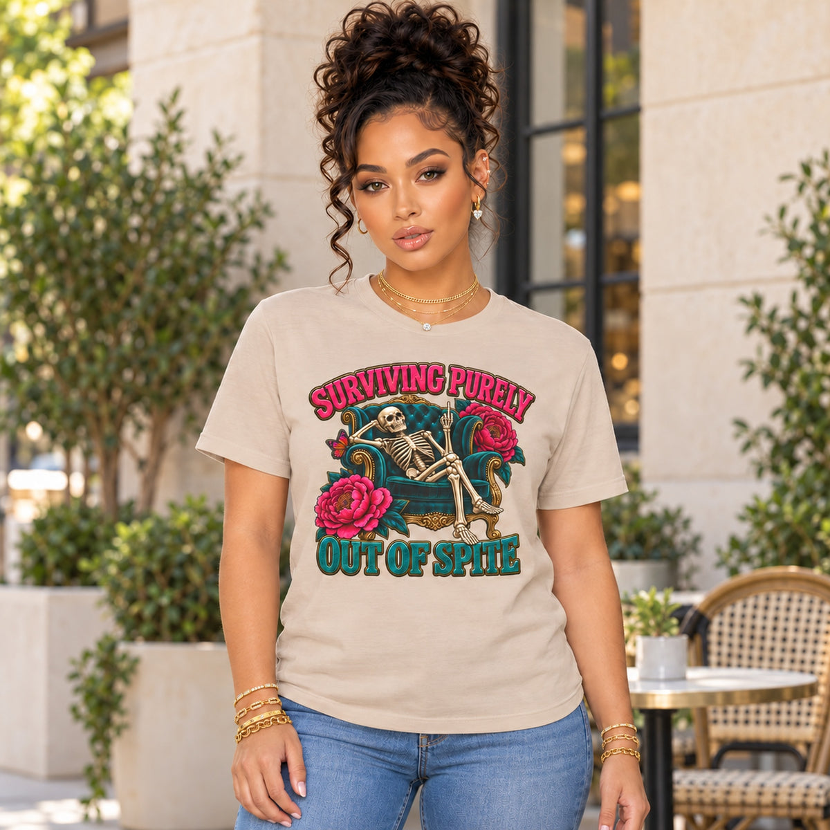 Surviving Purely Out of Spite Skeleton Rose Graphic T-Shirt