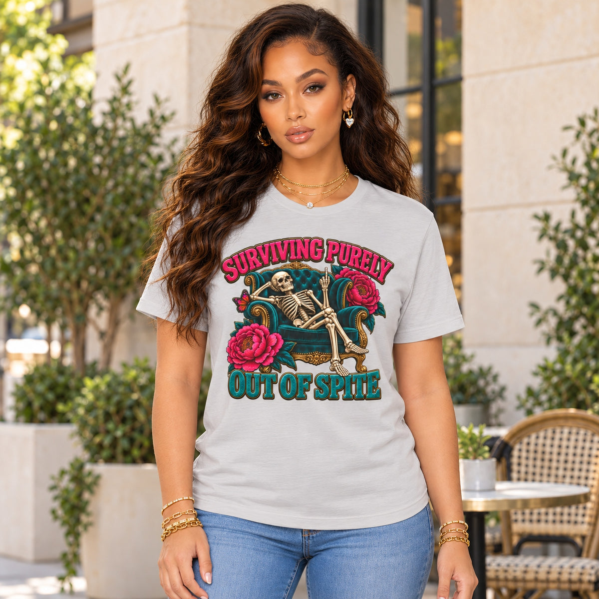 Surviving Purely Out of Spite Skeleton Rose Graphic T-Shirt