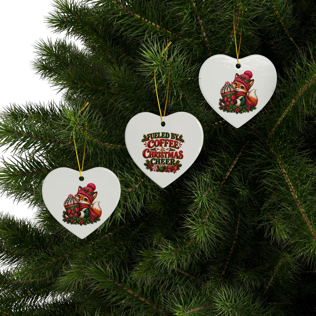 Heart Ceramic Ornament — Cute Fox & “Fueled by Coffee & Christmas Cheer” Holiday Decoration