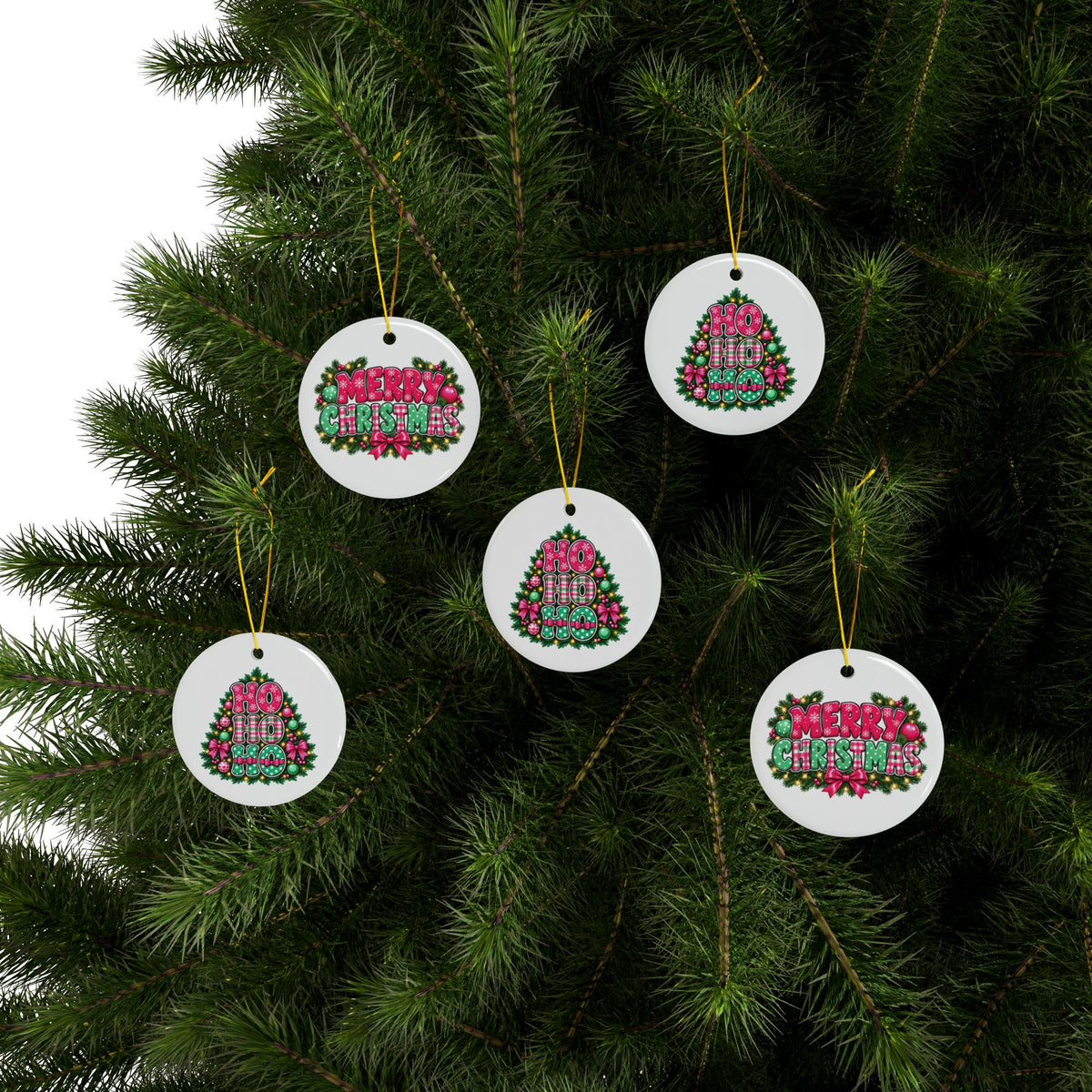 Pink Ho Ho Ho Ceramic Christmas Ornament – Double-Sided Holiday Gift