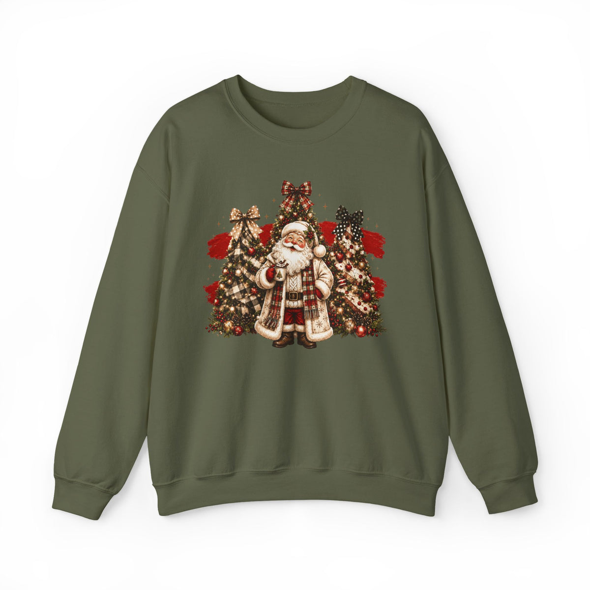 Vintage Santa Christmas Sweatshirt – Plaid Tree Holiday Crewneck