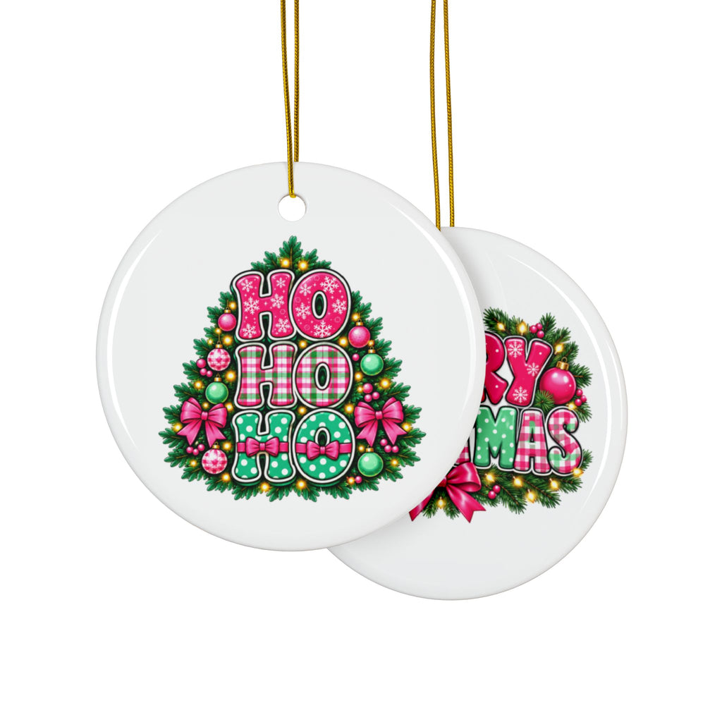 Pink Ho Ho Ho Ceramic Christmas Ornament – Double-Sided Holiday Gift