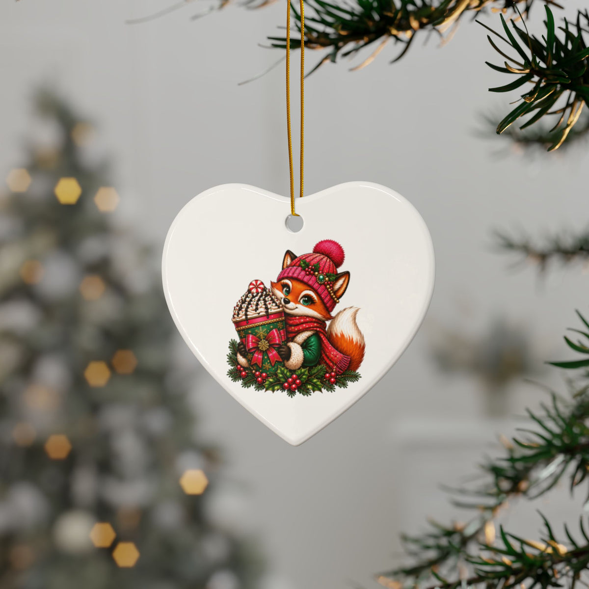 Heart Ceramic Ornament — Cute Fox & “Fueled by Coffee & Christmas Cheer” Holiday Decoration