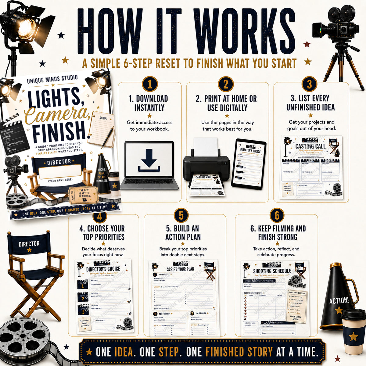 Lights, Camera, Finish! — Finish What You Start Printable Workbook