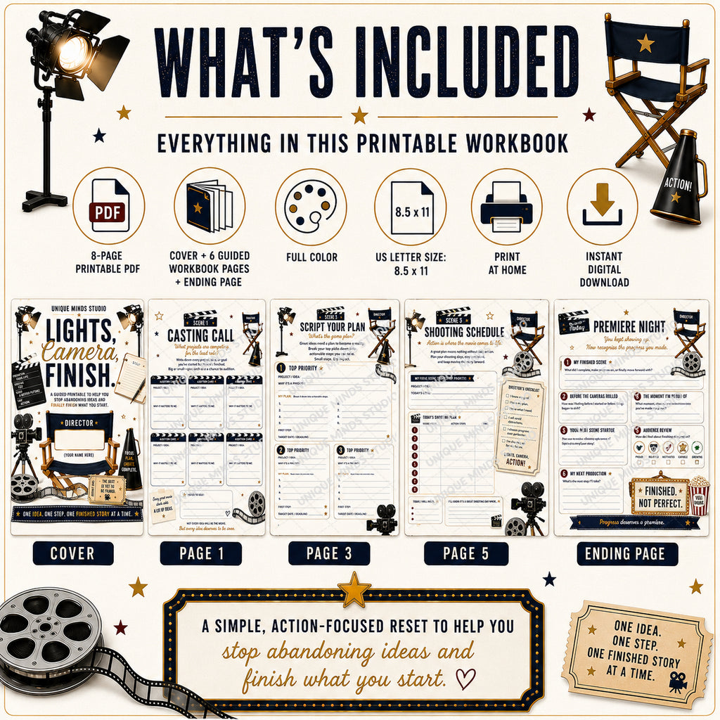 Lights, Camera, Finish! — Finish What You Start Printable Workbook