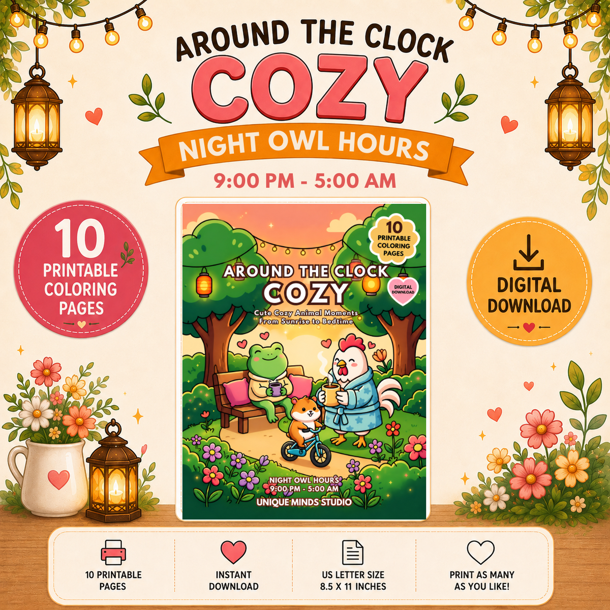 Around the Clock Cozy: Night Owl Hours | Printable Coloring Pack