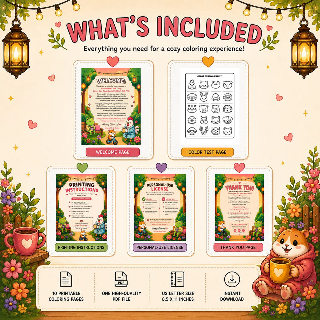 Around the Clock Cozy: Sunny Day Adventures | Printable Coloring Pack