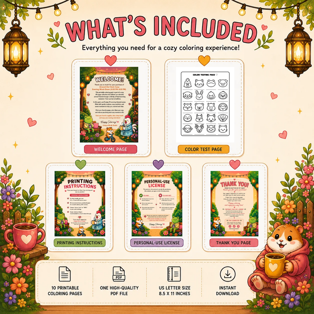 Around the Clock Cozy: Evening Wind-Down | Printable Coloring Pack