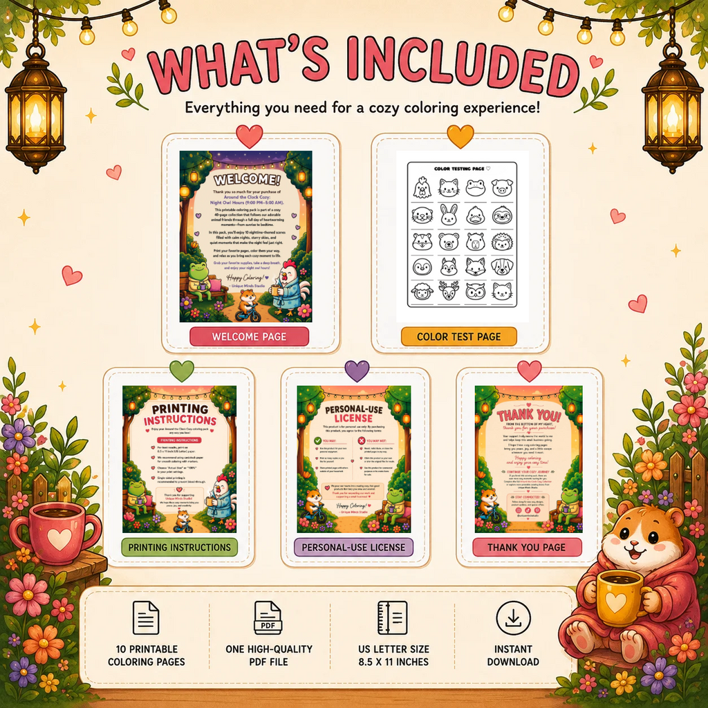 Around the Clock Cozy: Night Owl Hours | Printable Coloring Pack