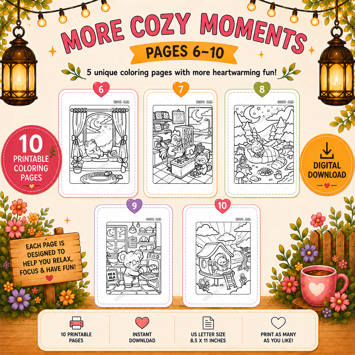 Around the Clock Cozy: Night Owl Hours | Printable Coloring Pack