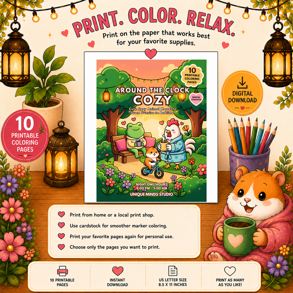 Around the Clock Cozy: Night Owl Hours | Printable Coloring Pack