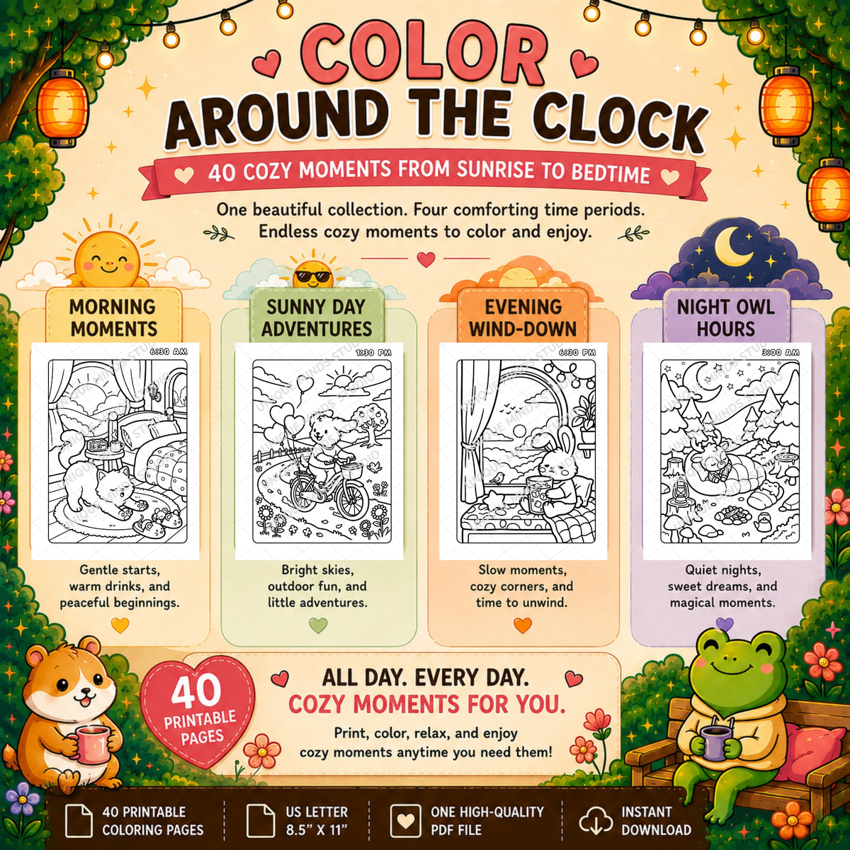 Around the Clock Cozy — Complete 40-Page Printable Coloring Collection