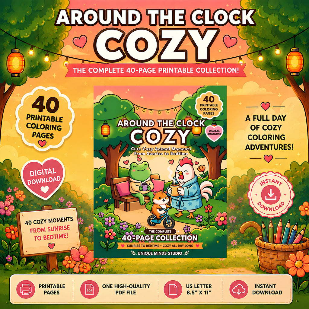 Around the Clock Cozy — Complete 40-Page Printable Coloring Collection