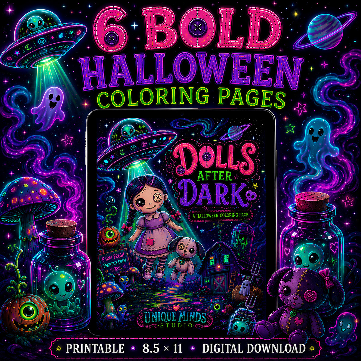 Dolls After Dark — A Creepy-Cute Halloween Coloring Pack | 6 Printable Pages