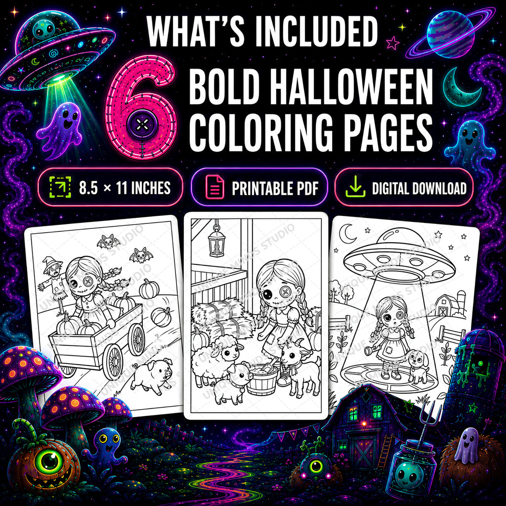Dolls After Dark — A Creepy-Cute Halloween Coloring Pack | 6 Printable Pages