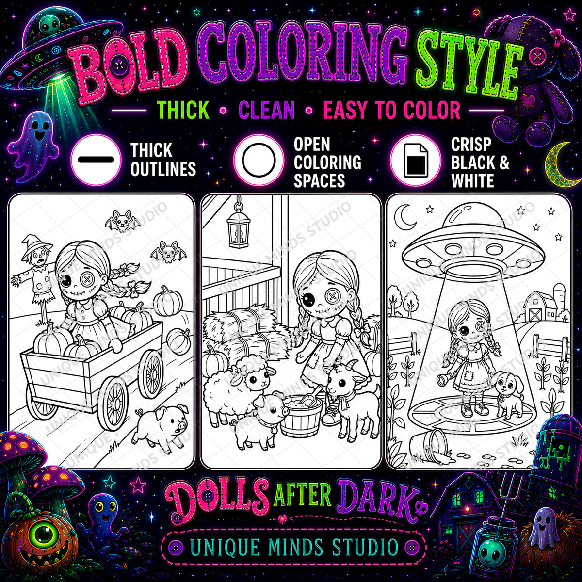 Dolls After Dark — A Creepy-Cute Halloween Coloring Pack | 6 Printable Pages