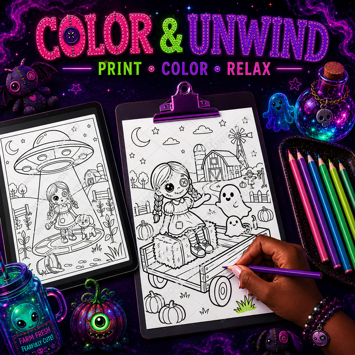 Dolls After Dark — A Creepy-Cute Halloween Coloring Pack | 6 Printable Pages