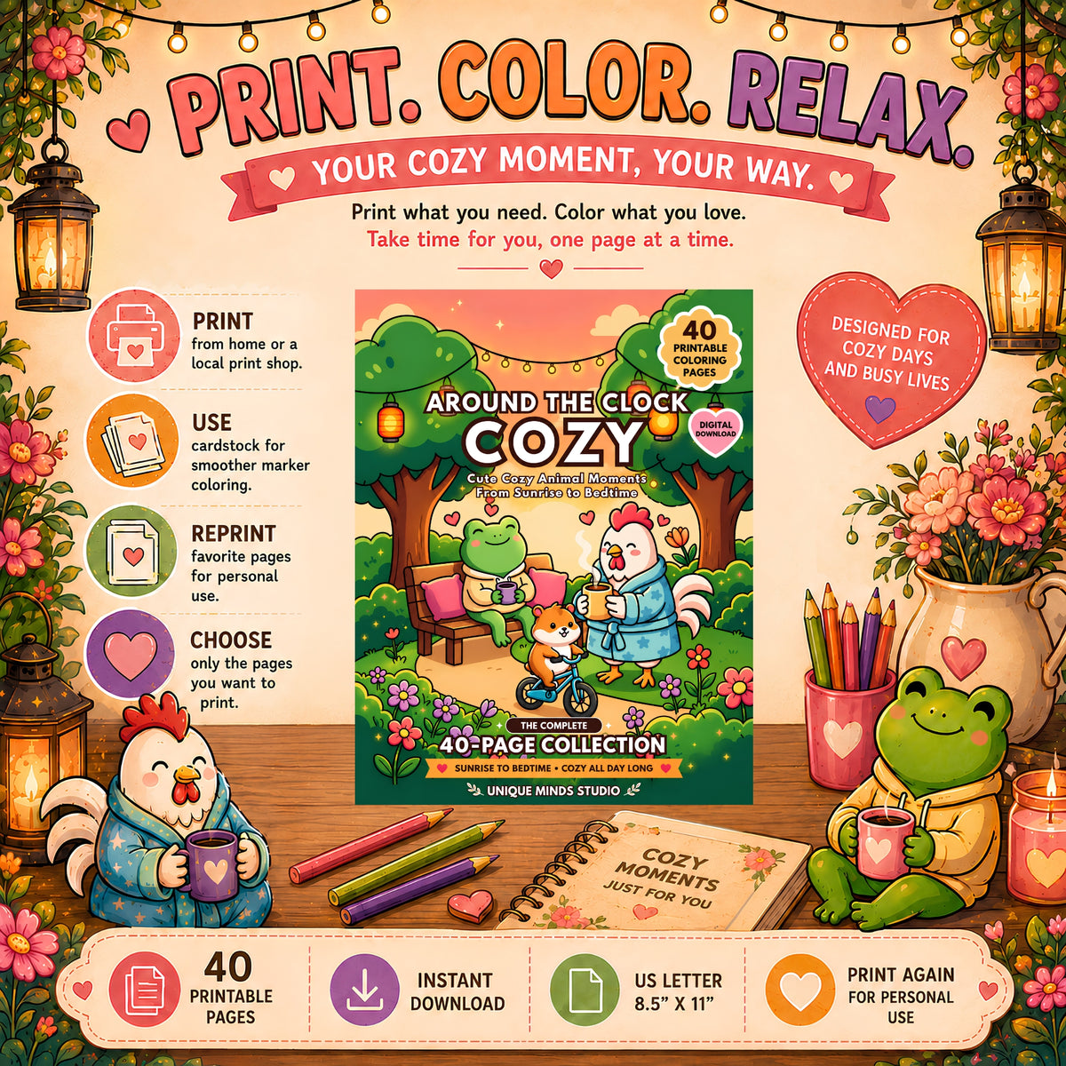 Around the Clock Cozy — Complete 40-Page Printable Coloring Collection